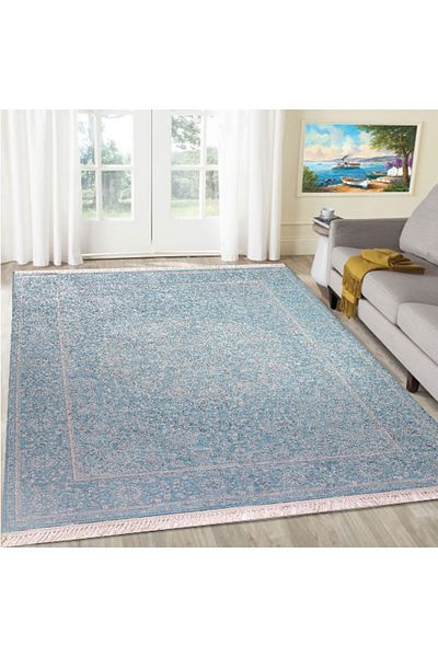 In House Velvet Turkish Rectangular Decorative Carpet -Cyan - 120x80 cm