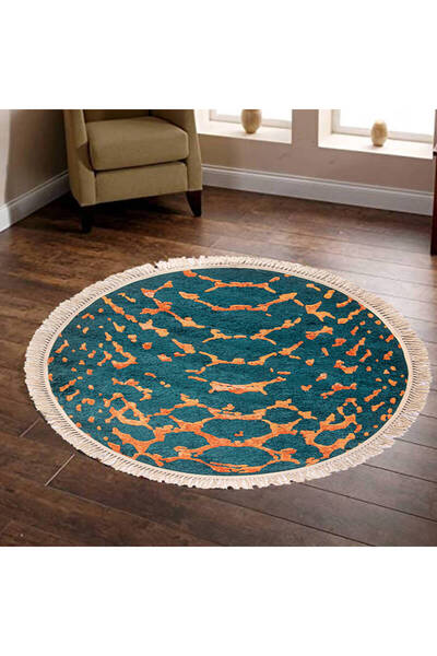 In House Velvet Turkish Round Decorative Carpet -Blue & Gold - 120x120 cm