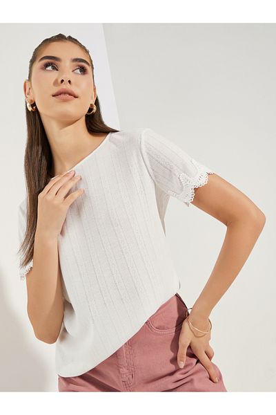 Styli Pointelle Round Neck Lace Detail Top