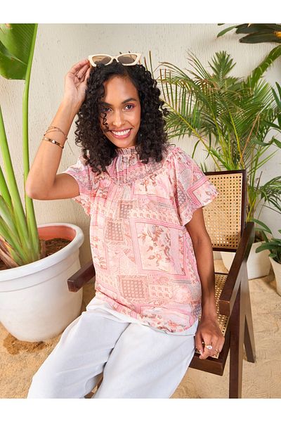 Sassafras By Styli Patchwork Print Frill Neck Top