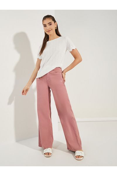 Styli Pointelle Round Neck Lace Detail Top