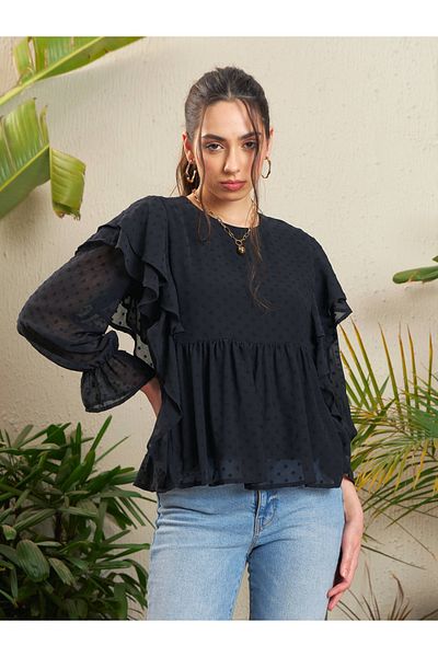 Sassafras By Styli Dobby Ruffled Peplum Top
