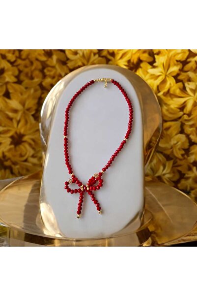 Merjan Bijou Gift Kırmızı Taşlı Fiyonk Kolye