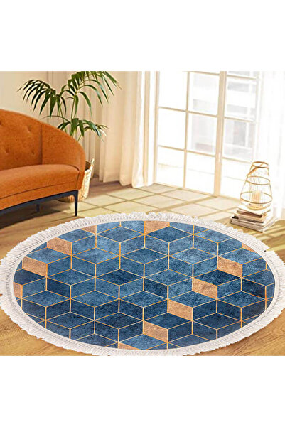 In House Velvet Turkish Round Decorative Carpet -Gold - 120x120 cm