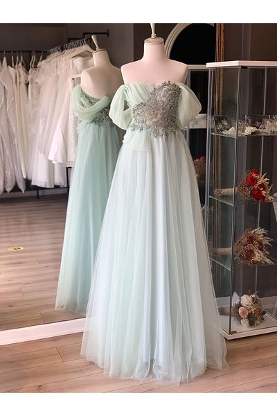 Lenta Moda Water Green Breast Drape Detailed Maxi Length Evening Dress and Evening Gown