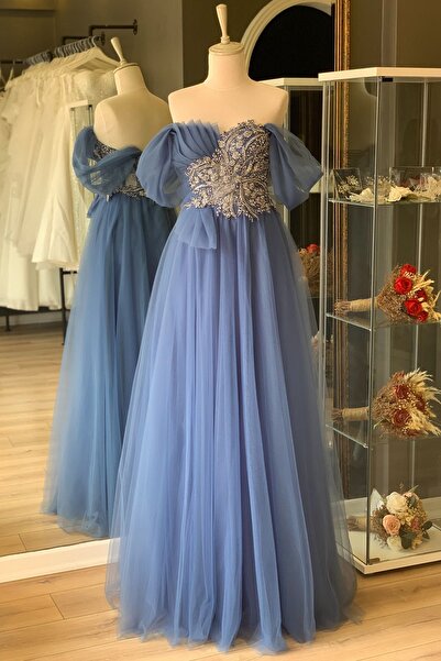 Lenta Moda İndigo Göğsü Drapeli Detaylı Maxi Boy Abiye ve Gece Elbisesi