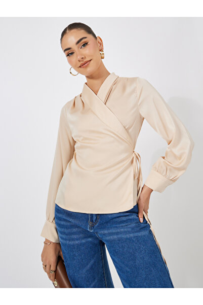 Styli Solid Wrap Top with Full Length Cuffed Sleeve