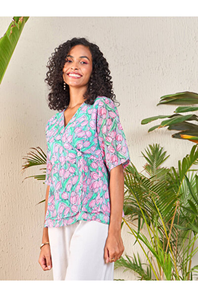 Sassafras By Styli Tulip Print Wrap Peplum Top