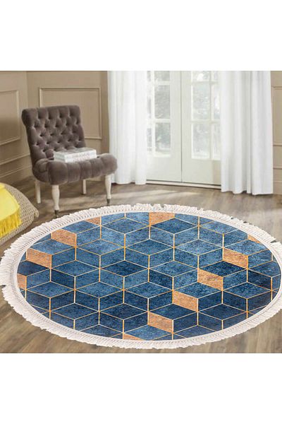 In House Velvet Turkish Round Decorative Carpet -Gold - 120x120 cm