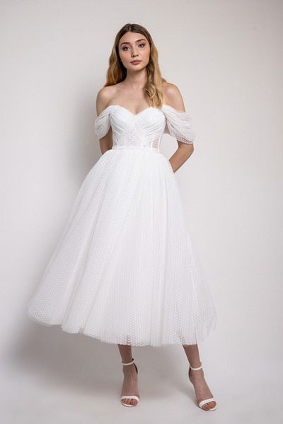 Lenta Moda Γυναικείο βραδινό Μίντι Μήκος Λευκό Πουά Φόρεμα