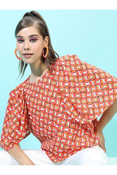 Tokyo Talkies By Styli AOP Round Neck Top with Puffed Sleeve