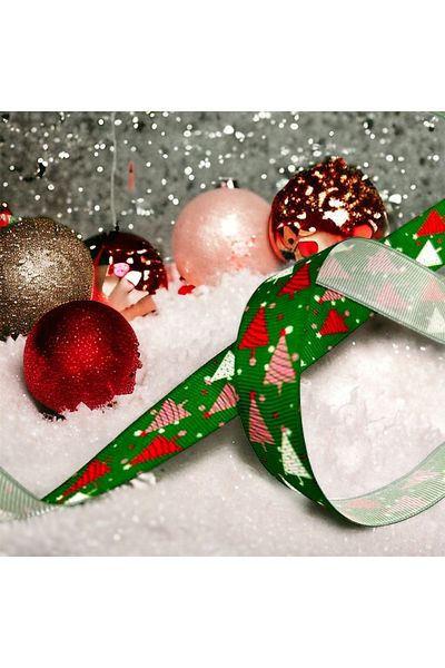 BukiroAtelier 2 Meters Patterned Pine Tree Christmas Ribbon - Packaging Ribbon