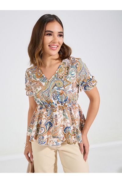 Luxewave By Styli AOP V-Neck Ruffle Hem Blouse
