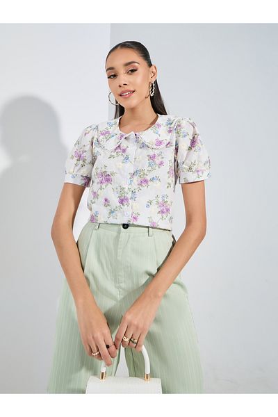 Styli Embroidery Detail Floral Print Blouse with Peter Pan Collar
