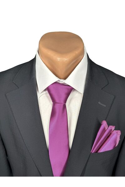 HARES Limited Quantity - Plum Satin Hand Sewn Necktie and Handkerchief