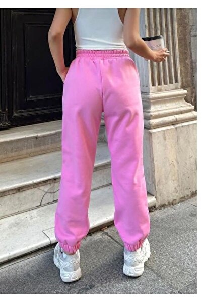 NO 601 Ροζ ψηλόμεσο γυναικείο φούτερ Jogger - Χοντρό εσωτερικό φλις, 3 κλωστές