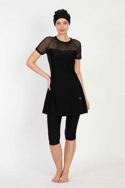 İYİBU Allsea - Short Sleeve and Tulle Tights Detail Semi Covered Swimsuit Swimwear