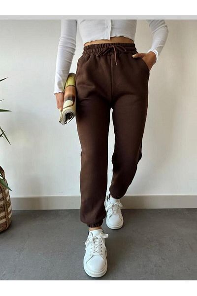 NO 601 Γυναικείο παντελόνι Jogger με ψηλόμεσο καφέ φλις - 3 κλωστές