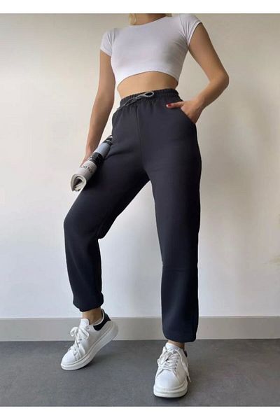 NO 601 Γυναικεία φούτερ Jogger με ψηλή μέση και φλις χοντρό εσωτερικό - 3 κλωστές Anthracite