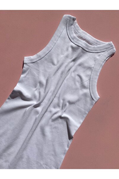 LEYNA BUTİK White Corded Cotton Halter Neck Women's T-shirt Undershirt - 1 Piece