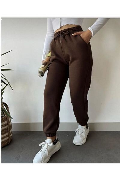 NO 601 Γυναικείο παντελόνι Jogger με ψηλόμεσο καφέ φλις - 3 κλωστές
