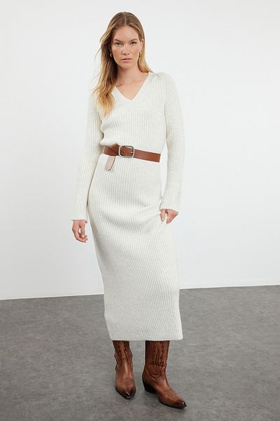 Trendyol Collection Maxi Knitwear Wool Stone Color Basic Dress - TWOAW25EL00002