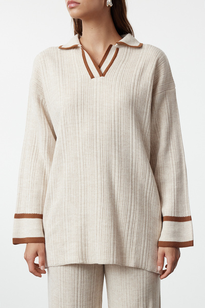 Trendyol Modest Kamenná hnědá paspulka Pletené zboží Svetr Kalhoty Souprava spodního dílu TCTAW25US00015