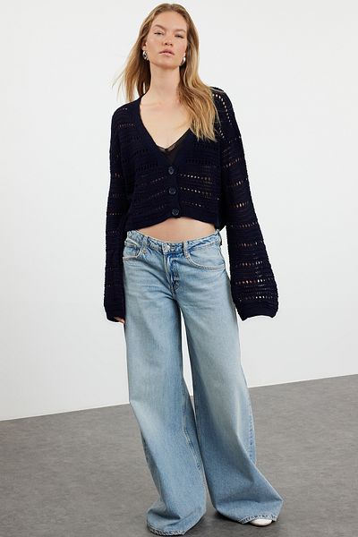 Trendyol Collection Light Navy Blue Crop Slotted/Hollowed V Neck Knitwear Cardigan TWOAW23HI00203