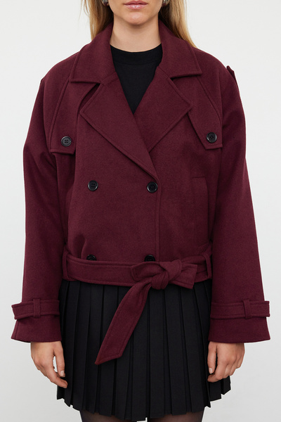 Trendyol Collection Claret Red Oversize Stamp Coat - Měkká texturovaná sezónní Twoaw25kb00049