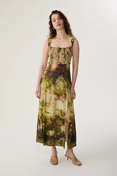 Gusto Rochie din in cu model batik și bretele - Verde