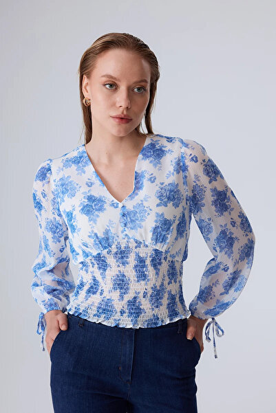 Gusto Floral Patterned Blouse with Elastic Waist - Blue