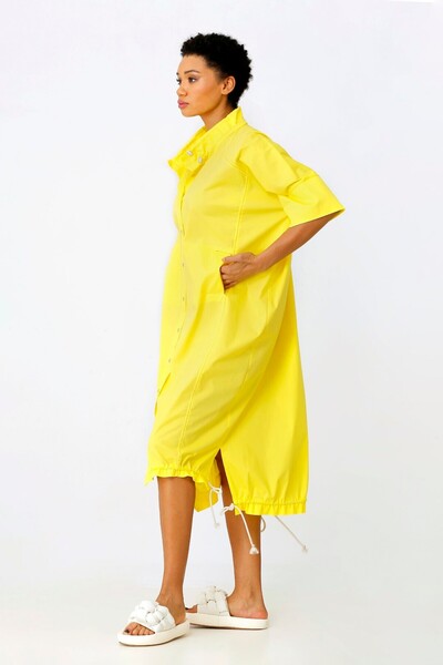 BİZE Büzgülü Yaka Gömlek Elbise - Sarı
