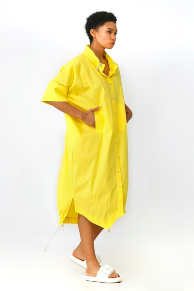 BİZE Büzgülü Yaka Gömlek Elbise - Sarı