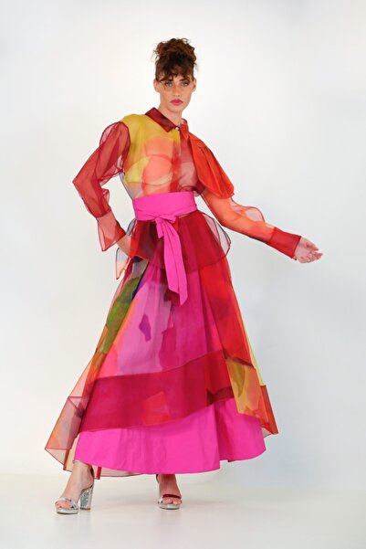 BİZE Desenli Tül Tafta Etek - Fuşya