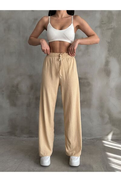 BEJNA Women's Beige Elastic Waist Palazzo Pants