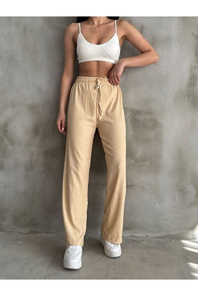 BEJNA Women's Beige Elastic Waist Palazzo Pants
