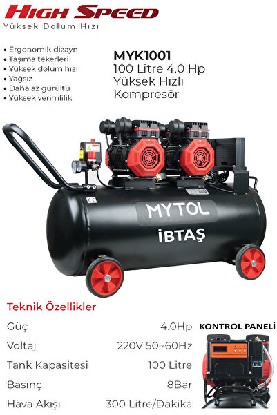 İBTAŞ MYTOL 100 LİTRE 4 HP Hava Kompöresörü Çift Kafa Yüksek Hızlı Kompresör ...