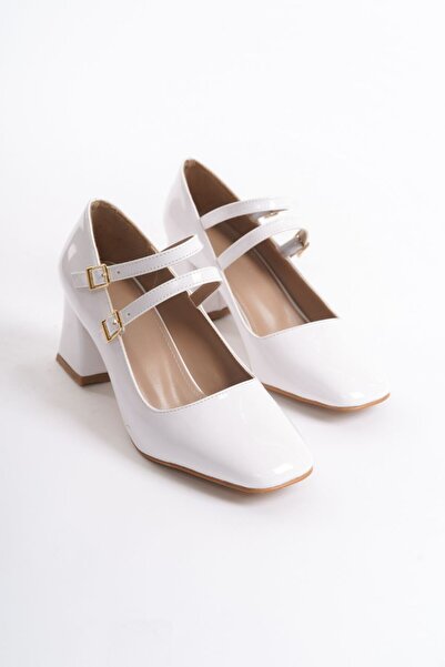 Lölük Moda White Patent Leather Mary Jane - Closed Back, Double Strap, Square Toe Short Heeled Women's Shoes