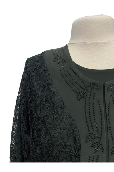 HESNA Plus Size Mother's Evening Dress Set with Green Bunch Jacket