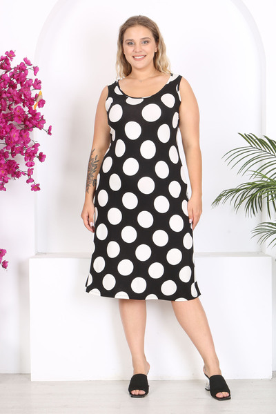 Madwilo Plus Size Black and White Polka Dot Patterned Strappy Women's Dress