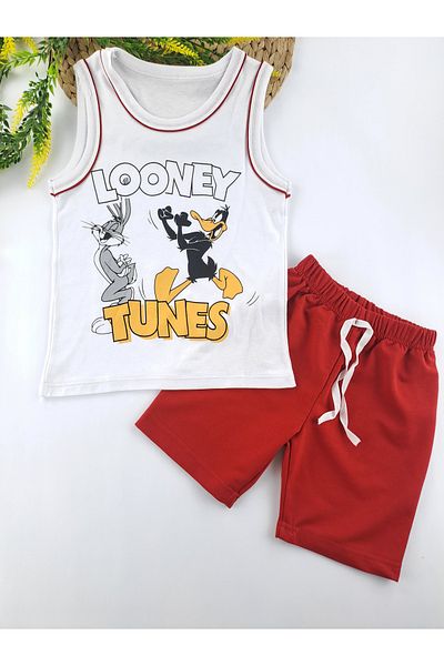 Butik Boy's Double Suit - Simpsons Looney Tunes Printed Green Red Blue Shorts and T-Shirt