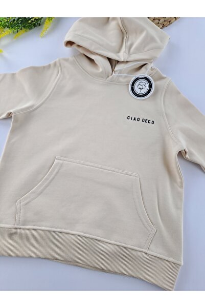 Butik Kız / Erkek Çocuk Tek Sweatshirt Kapüşonlu Krem Renk