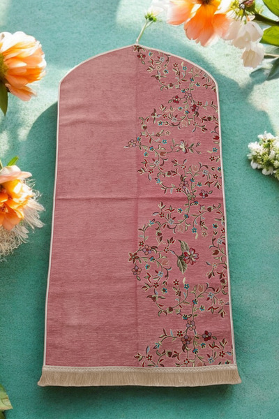 stellare Minimal Çiçek Desenli Püsküllü Astarlı Ultra Lüks Şönil Seccade-Nama...