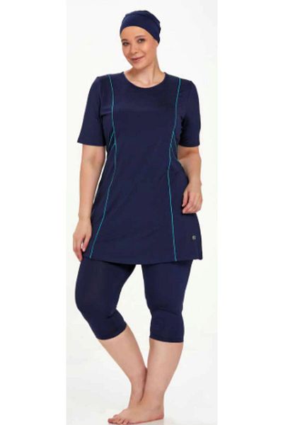 MARESİVA Dark Navy - Plus Size Women's Pool Swimsuit with Knee-Length Leggings, Short Sleeve