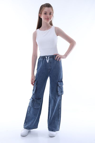 Asortix Girl - Oversize Cotton Jeans with Cargo Pocket and Elastic Waist
