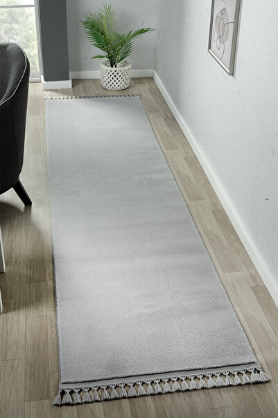 LİNOS HOME Puffy Açık Gri Saçaklı Peluş Yolluk Yumuşacık Yıkanabilir Kaymaz T...