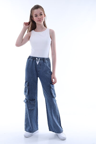 Asortix Kız Çocuk Oversize Kargo Cepli Beli Lastikli Pamuk Kot Pantolon