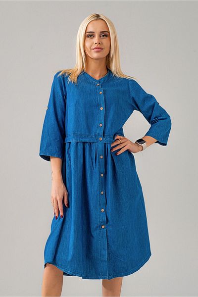Bold & Young Rochie cămașă subțire din denim, cu mâneci largi, cu talie indigo, cu buzunar Brit