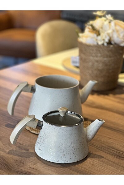 YUNUSOĞLU HOME Granit Kaplama Pramit Cam Kapaklı Çaydanlık Krem