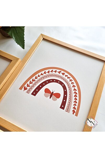 NN DECOR Boho Temalı 3'lü Set - Ay,Güneş Ve Gökkuşağı -Doğal Ahşap Çerçeveli, Bebek Ve Çocuk Odası Tablo Seti